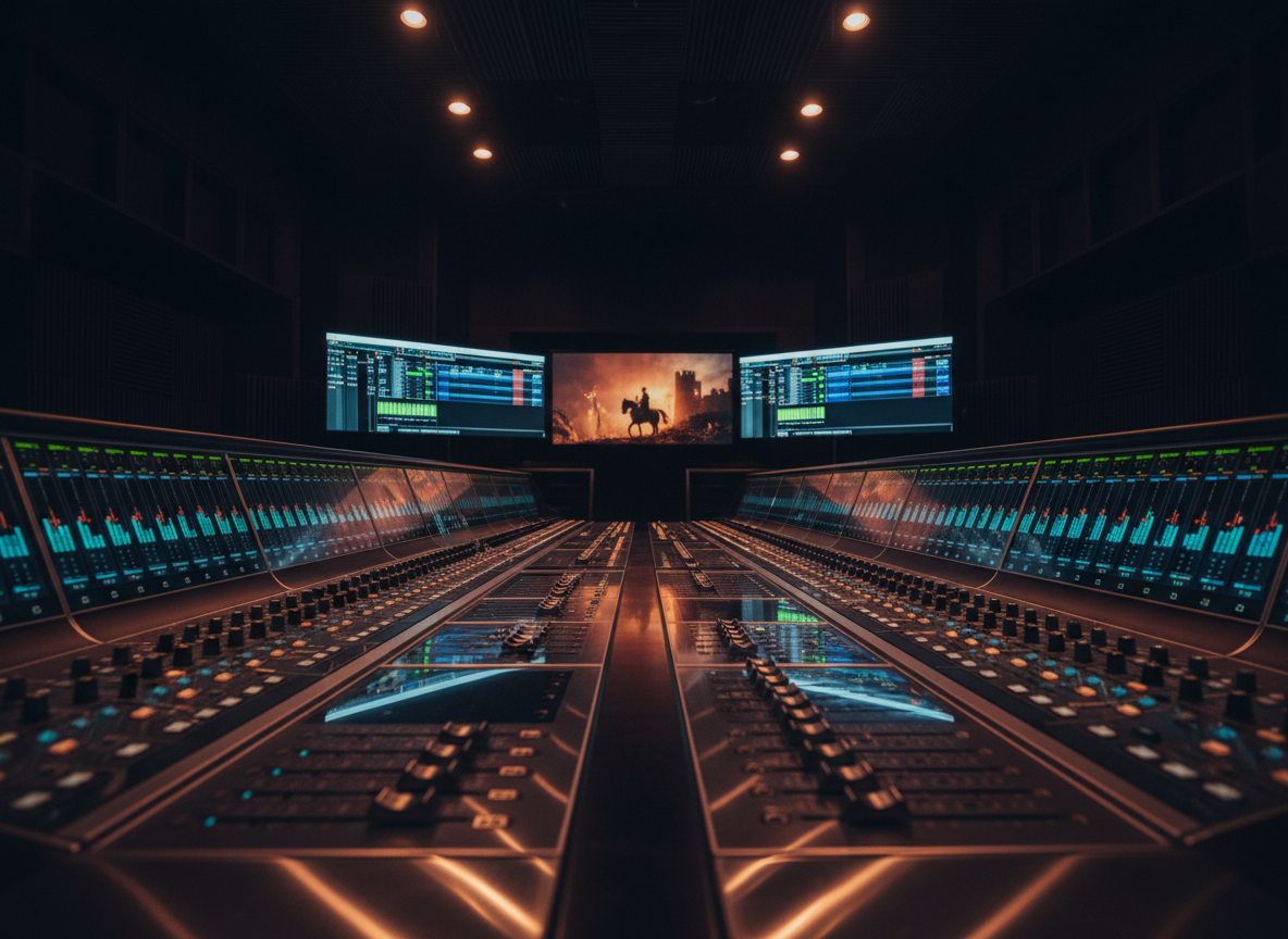 A large cinematic mixing console with rows of glowing LED meters, sleek faders, and polished metal knobs, stretching into the distance of a dark, acoustically treated studio. Multiple computer screens display colorful orchestral waveforms and a film scene frozen on a dramatic frame. Soft, focused pool lighting from overhead spotlights casts gentle reflections off the brushed aluminum surfaces, leaving the rest of the room in subtle shadow. Shot at eye level with a shallow depth of field, the front faders in sharp focus and the monitors gently blurred. The mood is professional, focused, and cinematic, captured in high-resolution photographic realism with a clean, modern aesthetic that conveys expert film music production.